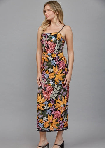floral sequin midi dress Pink and Orange Strapless Floral Sequin Midi Dress